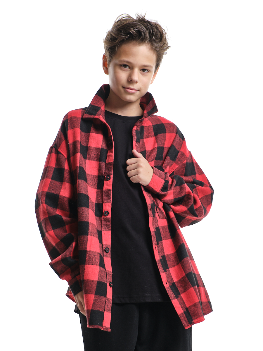 Рубашка оверсайз (красная клетка) с длинным рукавом и воротником хлопковая для мальчиков 8-14 лет