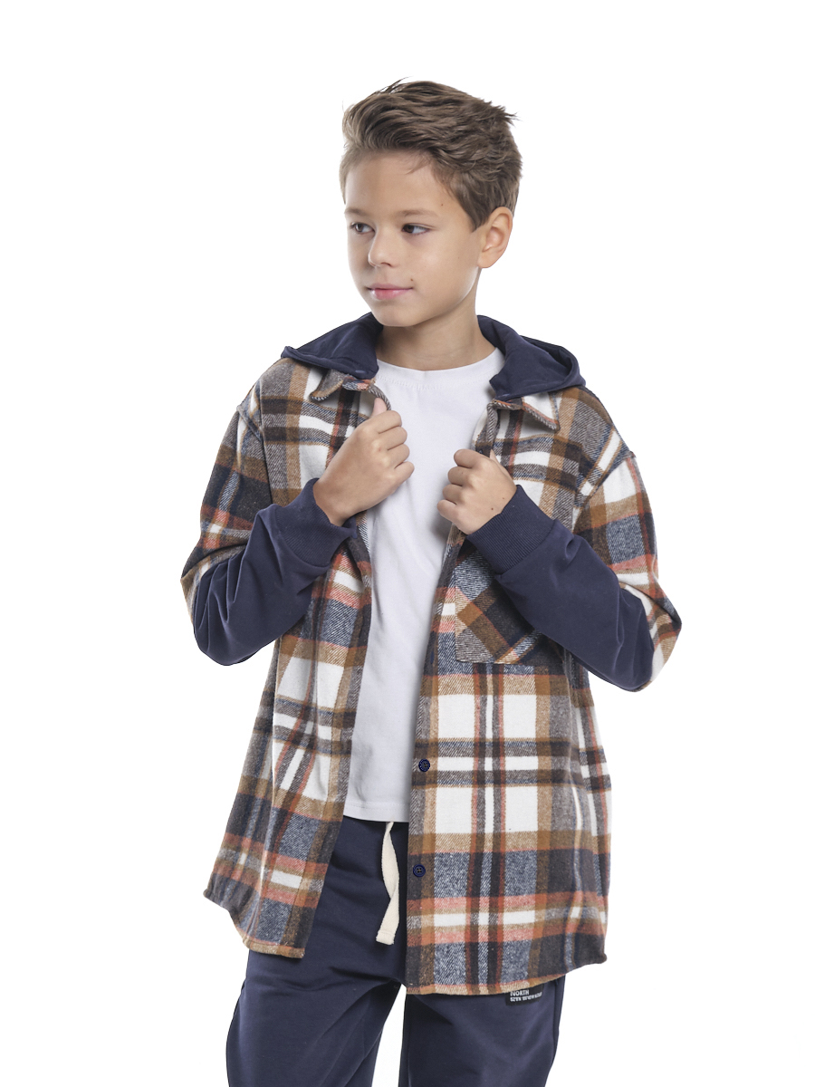 Рубашка на пуговицах с принтом клетка (коричнево-синяя) для мальчиков 7-11