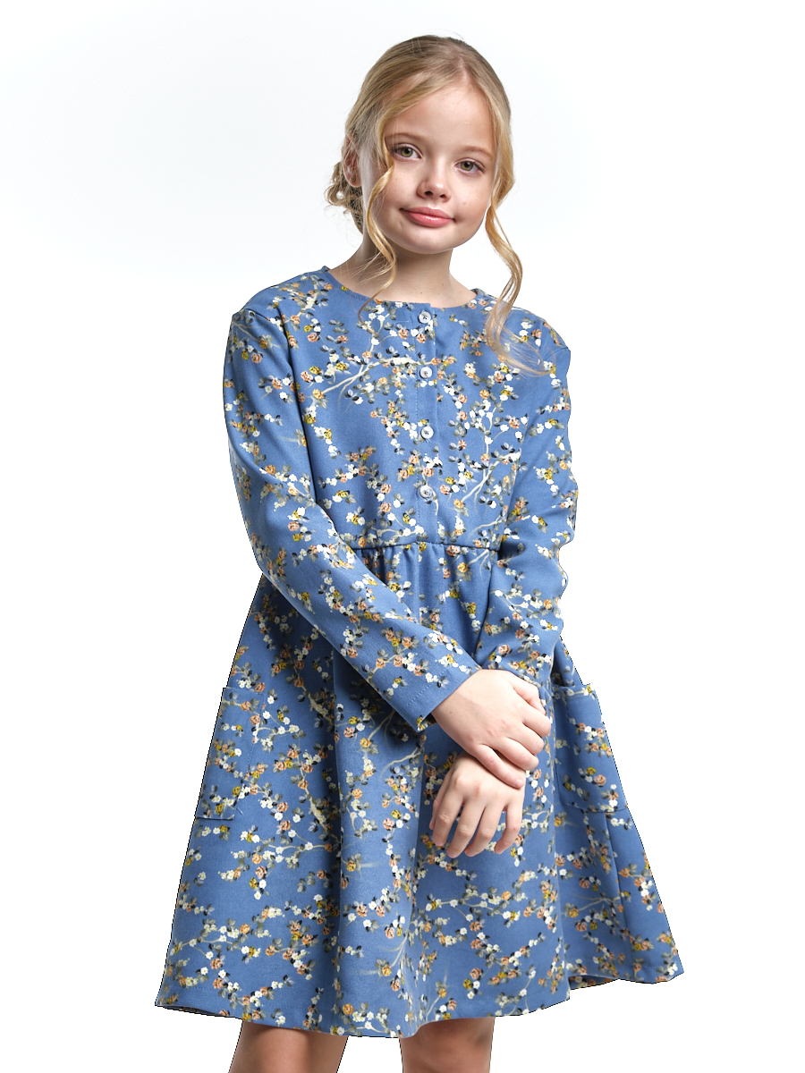 Платье для девочки вельветовое (голубое) с мелкими цветочками 7-11