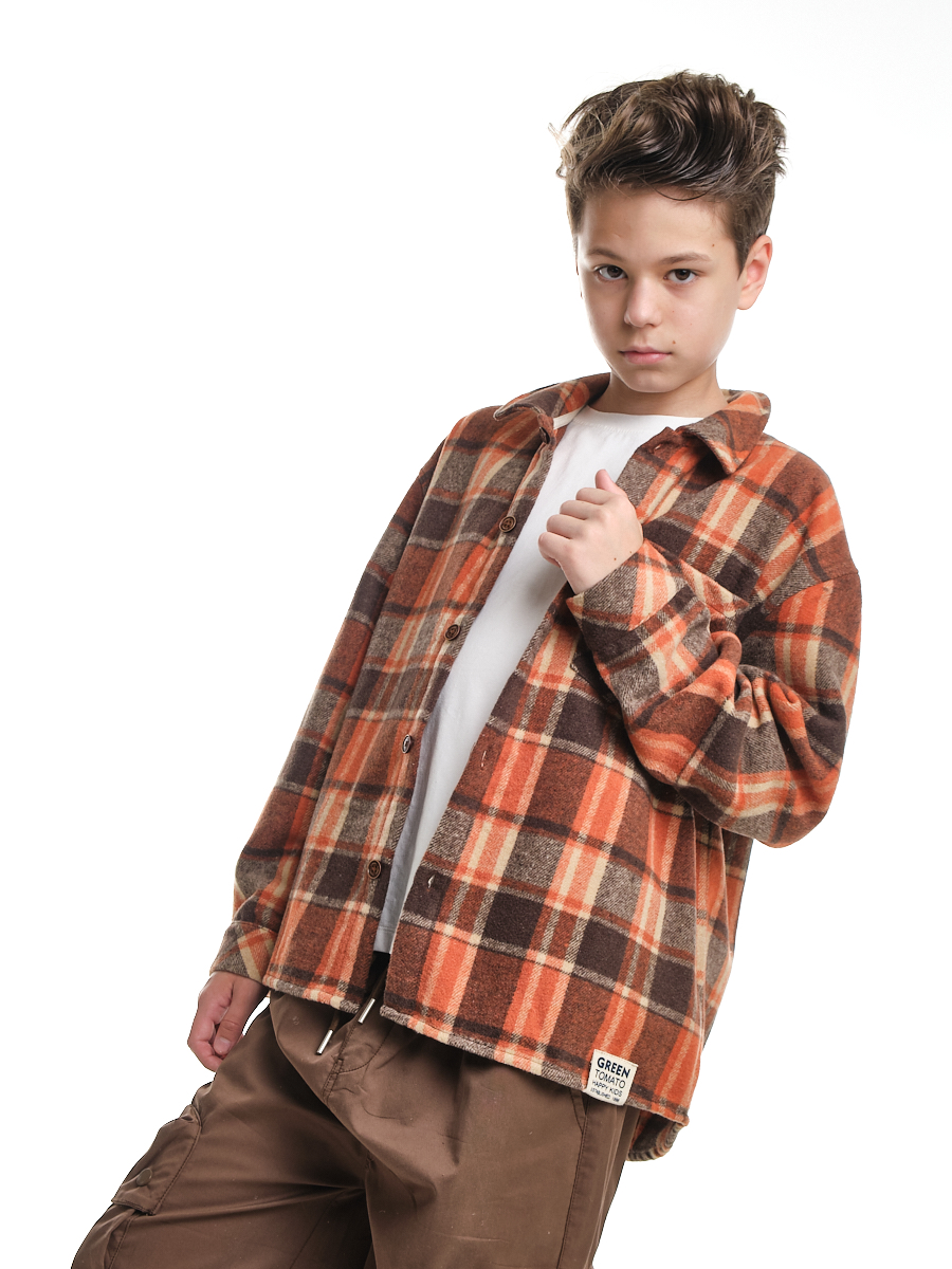 Рубашка в клетку (коричневый) хлопковая на мальчиков 12-14 лет